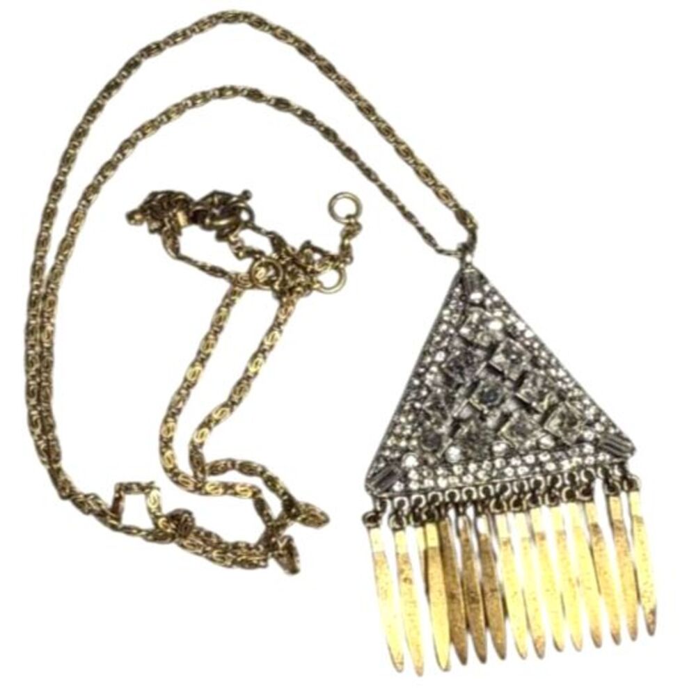 J.Crew Art Deco Pave Crystal Geometric Triangle Fringe Pendant Long Necklace